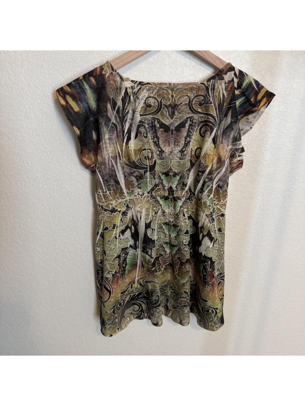Y2K Vintage Crinkle Butterfly Lace Graphic Blouse, Medium - Picture 3 of 5